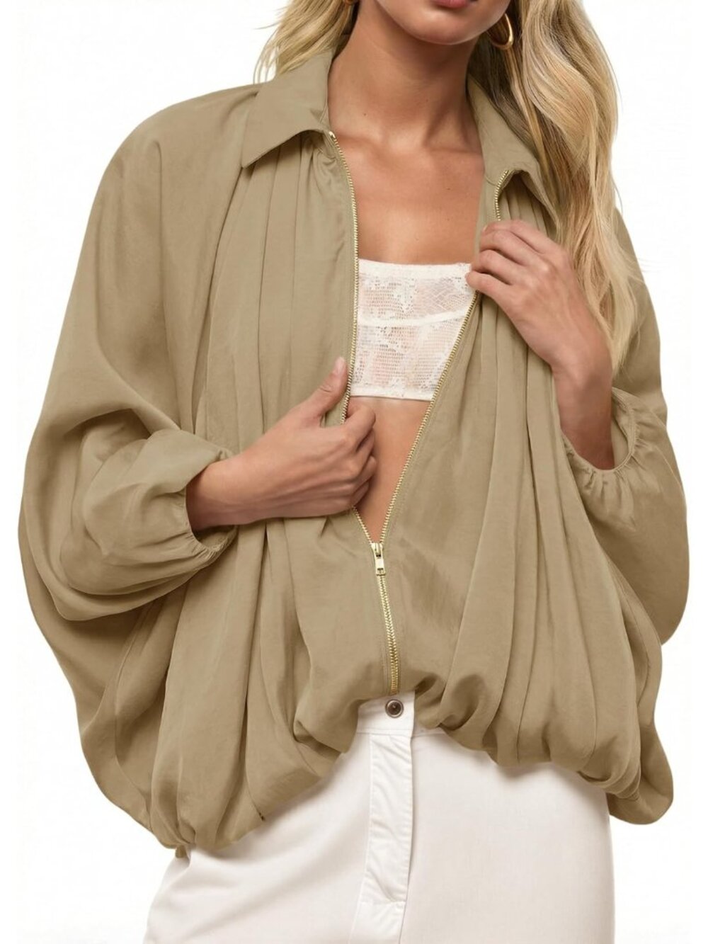 Womens Khaki Loose Oversized Lapel Collar Long Sleeve Zip Up Bomber Jacket